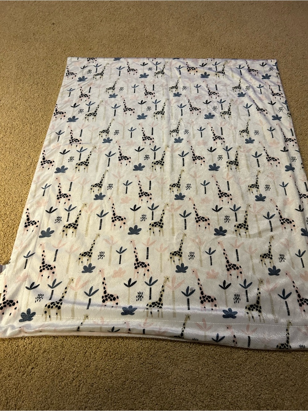 Plush Giraffe Print Baby Blanket - White with Navy & Pink Accents
